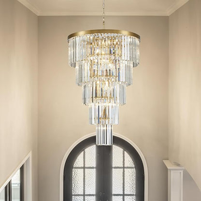 Gold Long Crystal Chandelier for High Ceiling, Height 35.5 inch 5-Tier Modern Chandeliers Lighting Fixture, Round Light for Entryway Staircase Foyer