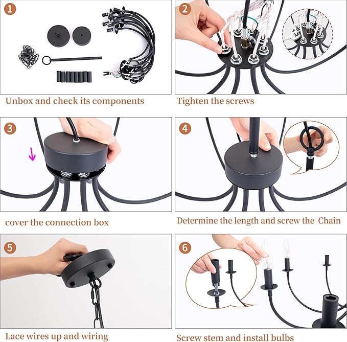 8-Light Black Chandelier, 26“ Farmhouse Chandelier for Dining Room Lighting Fixtures Hanging, Rustic Candle Modern Chandeliers for Living Room Bedroom Foyer Kitchen(Frosted Black)