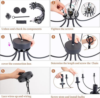 8-Light Black Chandelier, 26“ Farmhouse Chandelier for Dining Room Lighting Fixtures Hanging, Rustic Candle Modern Chandeliers for Living Room Bedroom Foyer Kitchen(Frosted Black)