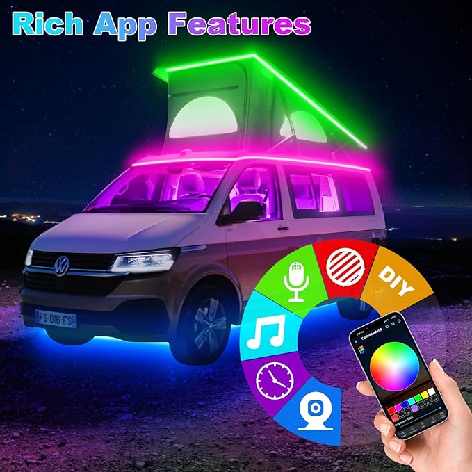 RV Awning LED Light Strip 20FT, 12V RGB Waterproof Underglow Led Light kit, Camper Awning Lights for RV Canopy Exterior, Travel Party, Van, Camper, Concession Trailer, Food Trucks