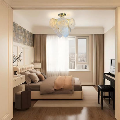 Small Crystal Chandelier Semi Flush Mount Ceiling Light Fixture Modern Bronze Gold Cloud Glass Chandelier Light for Entryway Hallway Bathroom Bedroom