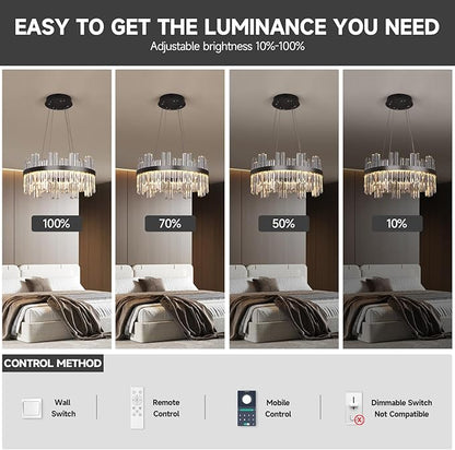 Black Led Modern Crystal Chandelier: 19.7" Round Contemporary 3 Color Dimmable Dining Room Light Fixture over Table - Adjustable Lighting Chandeliers for Bedroom Living Kitchen Island Entryway Foyer