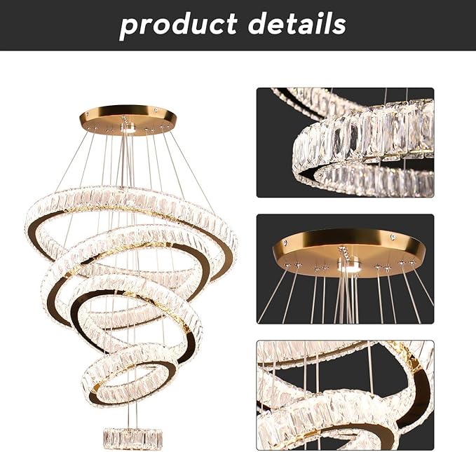 Dixun LED Big Crystal Chandeliers Modern 5 Rings Pendant Light Adjustable Ceiling Light for Bedroom Dinning Room Kitchen (Multicolor,Control by Switch)