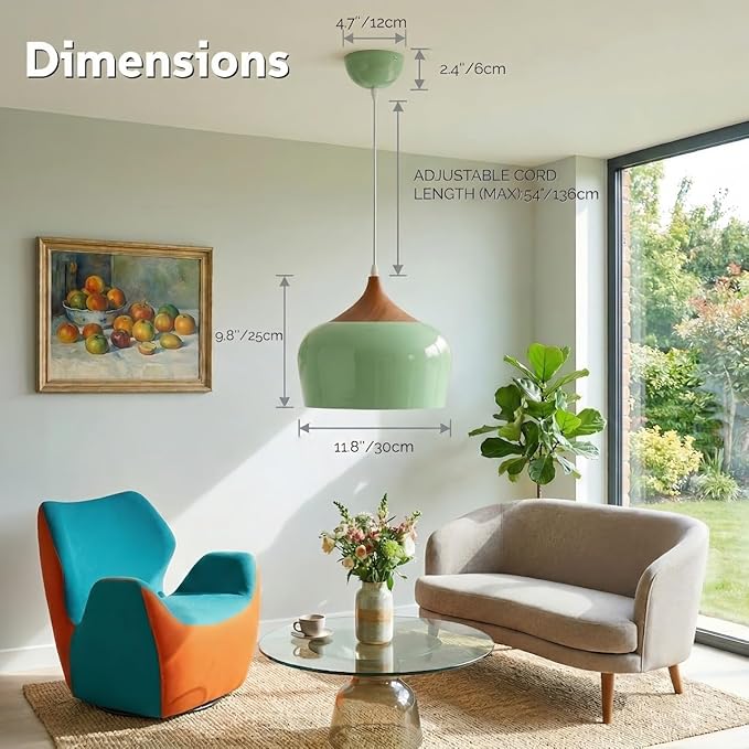 Modern Pendant Light Fxtures Kitchen, Hanging Light Fixtures Ceiling Mount, Wood Metal Shade Pendant Lamp for Dining Room, Bedroom, Living Room, Bathroom, Entryway, Small Chandelier, Pastel Green