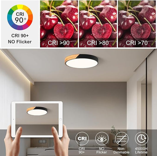 Modern LED Ceiling Light, Minimalist Wood Flush Mount Ceiling Light Fixture, 4000K Not Dimmable, Circle Lighting Lamp with Acrylic Lampshade for Bedroom Dining Room Laundry (Black,15.8")