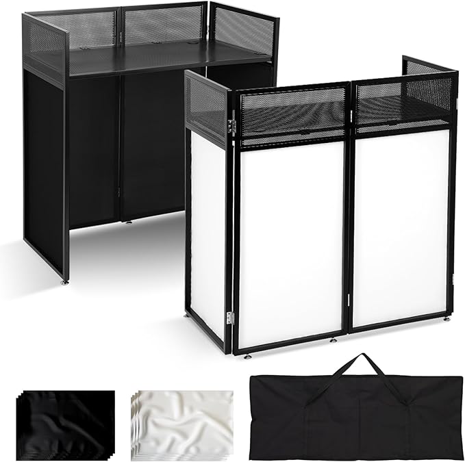 Portable DJ Booth Table Station 44"x42.2"x20.6", Foldable Metal Frame DJ Facade with Black & White Scrims, Detachable 40"x20" DJ Table, Adjustable Height, Carry Bag for Show, Party, Wedding, Events