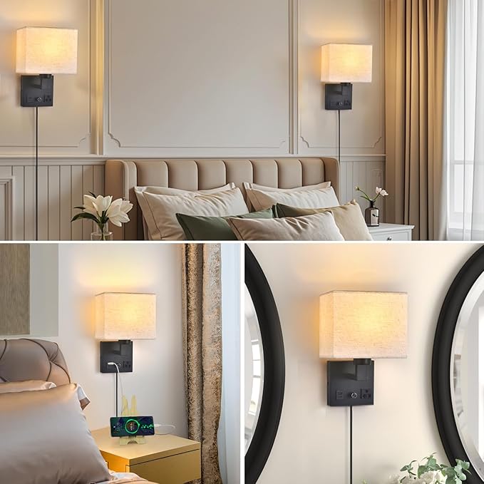 Bedside Wall Lamp for Bedroom, Plug in Wall Sconce - Dimmable Switch with AC Outlet & USB Charging Port, Fabric Shade, Black Wall Mounted Light for Living Room, Hotel (B8045-2Pack)