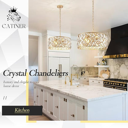 CATINER Gold Crystal Chandelier Modern 18" Round Semi Flush Mount Ceiling Light for Dining Living Room Bedroom & Foyer - Large Round Pendant Fixture