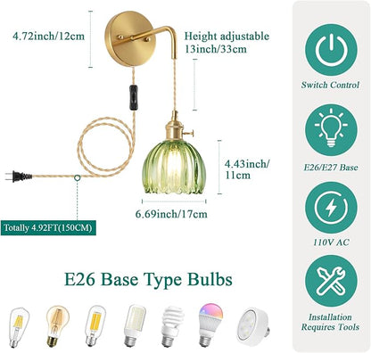 Plug-in Wall Sconce (Set of 2), Vintage Wall Decorative Lamp with Green Glass Shade, Indoor Plug-in Wall Sconce for Bedroom, Living Room, Bathroom, Hallway