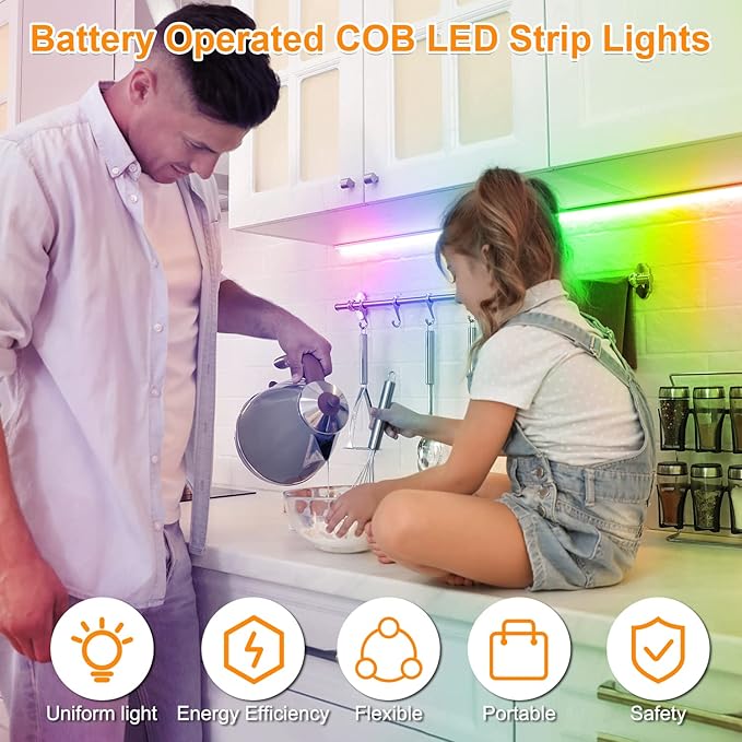 Battery Powered COB Led Strip Lights, 4.92Ft Battery Operated Red LED Strip Lights, High Brightness Flexible LED Tape Lights for Room, Cabinet, Bedroom, Kitchen, Party, Home DIY Decoration