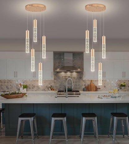 Modern Crystal Chandelier for Kitchen Island 5-Lights, Elegant Gold LED Bubble Pendant Lighting Fixture for Dining Room Bedroom Entryway