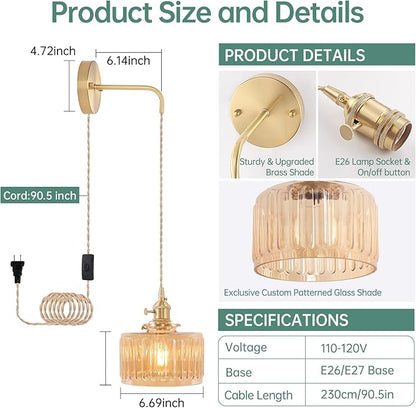 Shenmoyl Vintage Wall Sconce Wall Lamp with Amber Striped Glass Shade Hanging Wall Sconce with 4.9FT Plug in Cord, Modern Wall Lamp Fixtures Decor for Bedside Bedroom Indoor Doorway