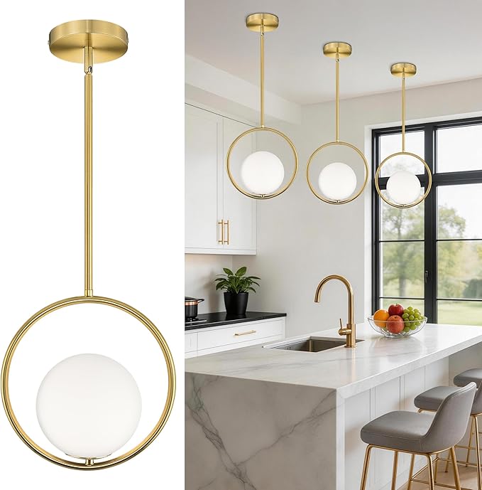 AUTELO Pendant Lights Kitchen Island, 1-Light Brushed Gold Modern Pendant Lights with Milky White Globe Hanging Lamp, Adjustable Rods for Kitchen Bar Living Room, H9380 MGBG