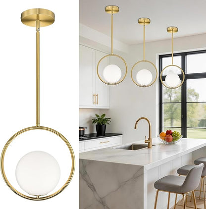 AUTELO Pendant Lights Kitchen Island, 1-Light Brushed Gold Modern Pendant Lights with Milky White Globe Hanging Lamp, Adjustable Rods for Kitchen Bar Living Room, H9380 MGBG