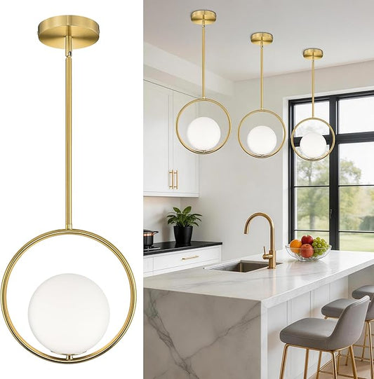 AUTELO Pendant Lights Kitchen Island, 1-Light Brushed Gold Modern Pendant Lights with Milky White Globe Hanging Lamp, Adjustable Rods for Kitchen Bar Living Room, H9380 MGBG