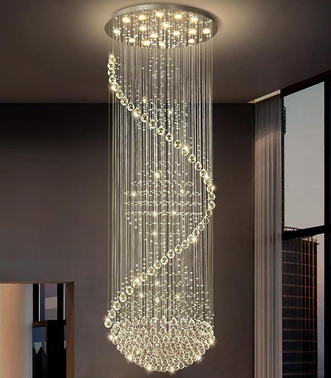 D40'' x H120'' Crystal Chandelier High Ceiling Chandeliers for Staircaes Large Raindrop Chandeliers LED Dimmable Flush Mount Light Fixtures for Foyer Hallway Entryway LED Bulbs Included Silver