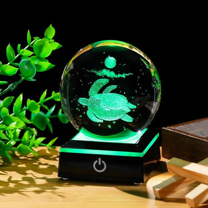 Arikyrist 3D Crystal Ball Sea Turtle Figurine with LED Base Laser Sea Turtle Gifts for Women Men on Christmas Birthday Decorative Turtle Ball Glass Sea Turtle Globe Night Light for Home Decor (80mm)