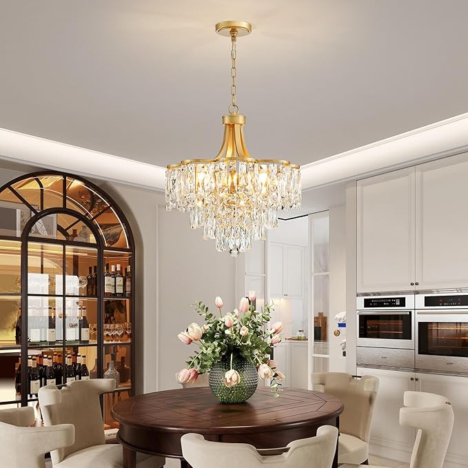 WUZUPS Crystal Chandelier Pendant Ceiling Light Modern Lighting Fixture for Bedroom Hallway Entry Kitchen Bathroom, H 21.1" x W 19.3", E12 Base, Gold
