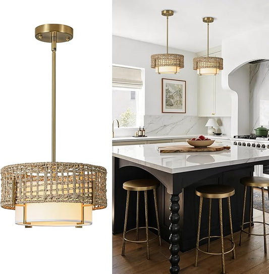 12.6" Rattan Pendant Light, 1-Light Boho Chandelier Light Fixture with Fabric Shade, Wicker Hanging Ceiling Lighting Fixture for Dining Room, Living Room, Kitchen Island, Bedroom, Hallway, Foyer