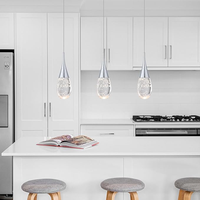 JoollySun Mini Crystal Pendant Light: 1-Light Teardrop Dimmable 3-Color(3000K-6000K) LED Pendant for Kitchen Island Bathroom - Polished Chrome