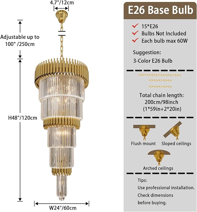 Luxury Gold Crystal Chandelier for High Ceiling 5-Tier Large Stair Chandelier for Foyer Living Room 24″W x 48″H with 100″ Chain 15-Light