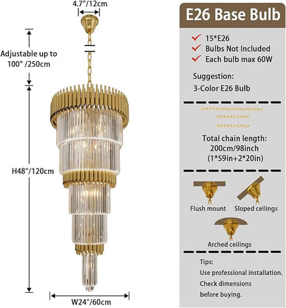 Luxury Gold Crystal Chandelier for High Ceiling 5-Tier Large Stair Chandelier for Foyer Living Room 24″W x 48″H with 100″ Chain 15-Light