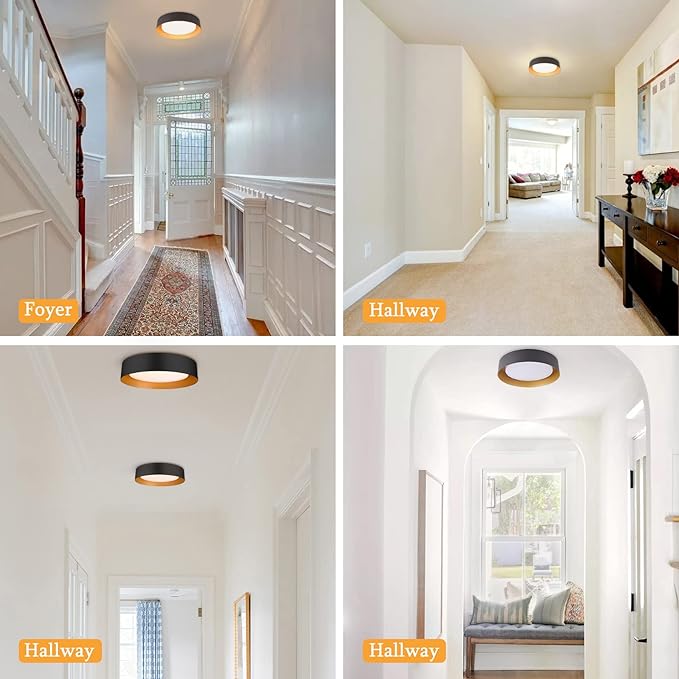 Bargeni 16.5 Inch LED Ceiling Light Fixture, Dimmable Flush Mount Matte Black With Gold Inside, 3000K/Warm White/30W, Modern Light Fixtures Mount for Bedroom, Outdoor, Foyer