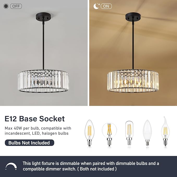 YURNYQ Black Crystal Chandelier for Dining Room, 4-Light Modern Semi Flush Mount Chandelier Lighting Fixtures, Round Kitchen Hanging Drum Pendant Lights Ceiling for Bedroom Entryway Foyer, 15 Inch
