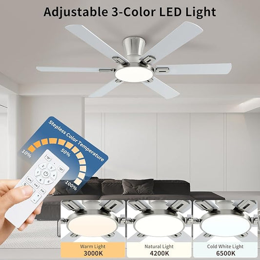 52 Inch Brushed Nickel Ceiling Fans with Lights and Remote,Flush Mount Low Profile 6 Blades Ceiling Fan with 10 Inch Lighting Fixture,Quiet Reversible DC Motor for Living Room,Bedroom and Patio