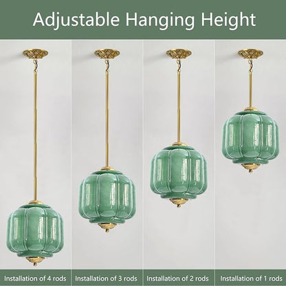 Milk Glass Pendant Light, 10 Inch Green Semi Flush Mount Ceiling Light, Vintage Glass Shade Chandelier With Dimmable E26 Base, Adjustable Hanging Rod, Pendant Light for Bedroom, Hallway, Dining Room