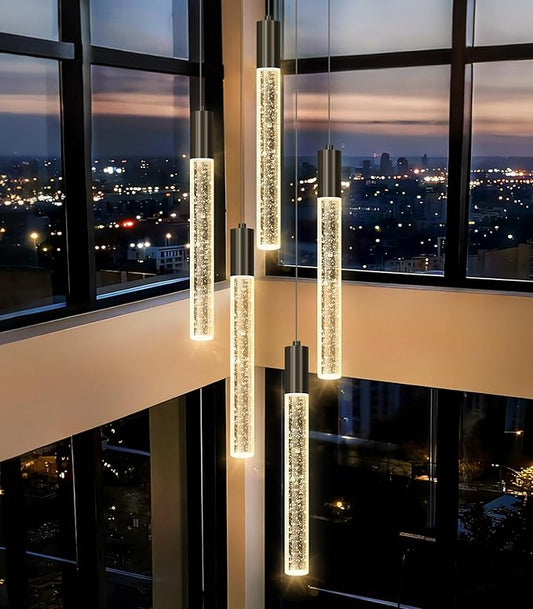 HAIXIANG 118" High Ceiling Chandelier Linear Crystal Pendants, Remote Dimmable, Compatible Sloped Ceilings, 12-Light Matte Black, 60 Watts LED, 4800 Lumens