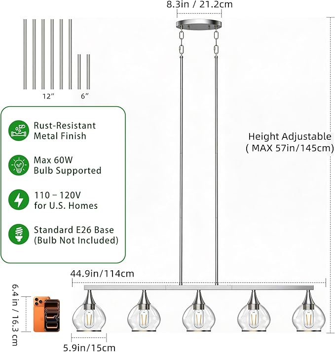 Kitchen Island Linear Pendant Light, 5-Light Modern Chandelier with Clear Glass Globe Shades, Linear Lighting Fixture Over Dining Table, Brushed Nickel