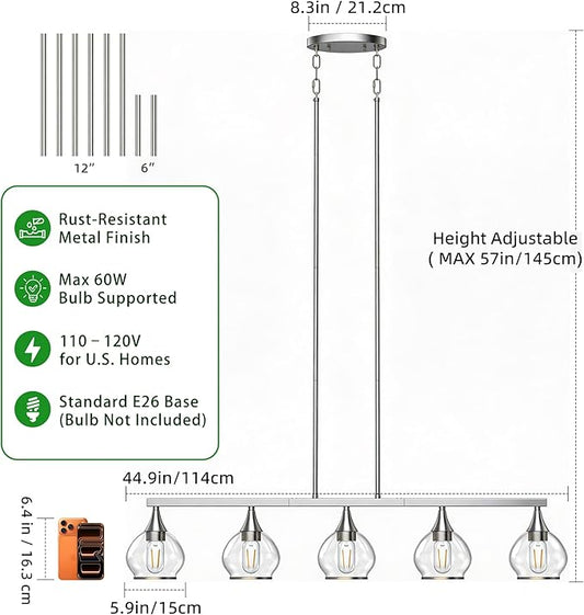 Kitchen Island Linear Pendant Light, 5-Light Modern Chandelier with Clear Glass Globe Shades, Linear Lighting Fixture Over Dining Table, Brushed Nickel