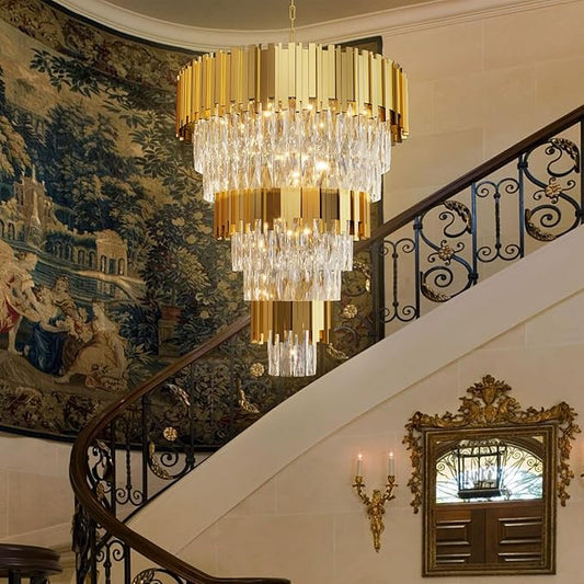 Modern Tier Crystal Chandelier for High Ceiling Luxury 8-Tier Round Chandeliers 11-Light Large Gold Crystal Chandelier for Entryway Adjustable Height D24in
