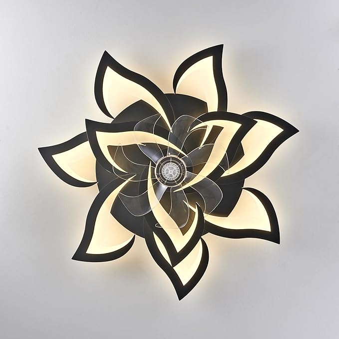 32" Modern Geometric Ceiling Fan with Lights Remote Control, Black 6 Speeds 3 Colors Low Profile Ceiling Fan with Light for Living Room