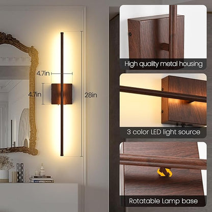 Rechargeable Battery Operated Wall Sconces, 11000mAh Faux Walnut Finish Wall Lights with Remote Control, 350°Rotate Dimmable Wall Lamp, 3 Color Temperatures, for Bedroom Living Room Hallway, 1 PCS