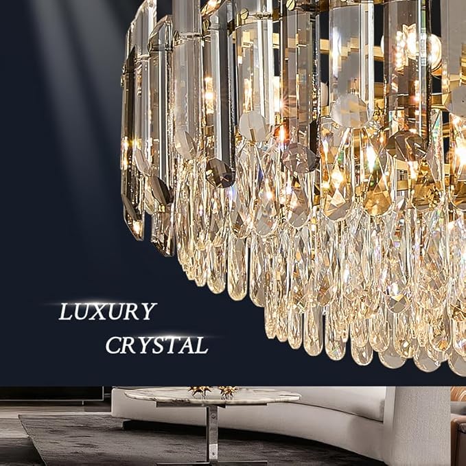 Gold Crystal Chandelier 23.6" Modern Crystal Pendant Light 3-Tier12-Light Ceiling Pendant Light Fixture for Dinning Room Living Room Foyer
