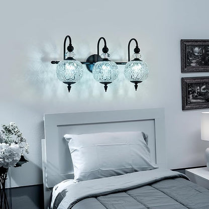 Piepooye Vintage Bathroom Light Fixtures Black Vanity Light with Glass Globe LampShade 3 Lights Mid Century G9 Bulb Wall Sconce Indoor Vanity Light Over Mirror for Kitchen Bedroom Farmhouse