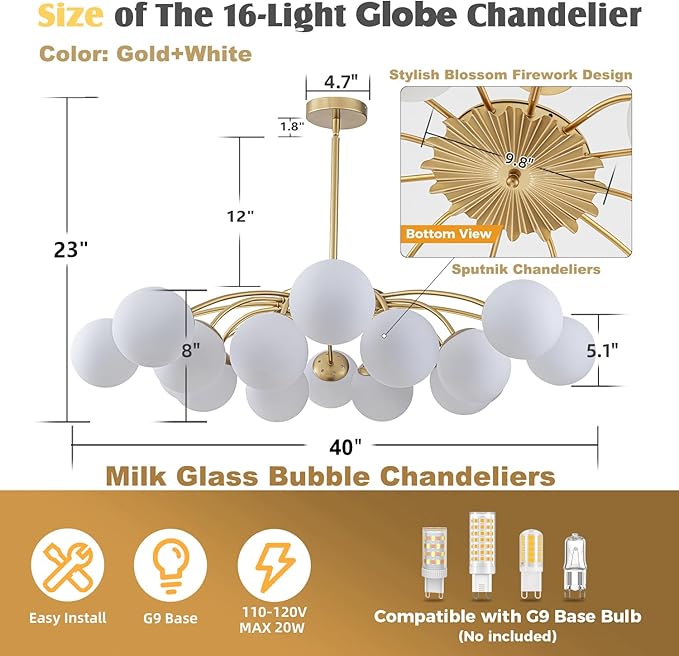 Longree 16-Light Gold and White Sputnik Chandeliers with Blossom Accent Milk Glass Bubble Pendant Light Fixture, Mid Century Starburst Lighting Frosted Glass Ceiling Lights for Dining Living