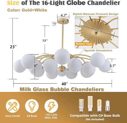 Longree 16-Light Gold and White Sputnik Chandeliers with Blossom Accent Milk Glass Bubble Pendant Light Fixture, Mid Century Starburst Lighting Frosted Glass Ceiling Lights for Dining Living