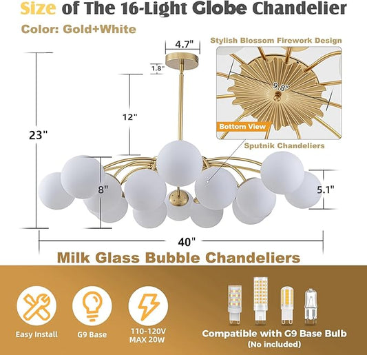 Longree 16-Light Gold and White Sputnik Chandeliers with Blossom Accent Milk Glass Bubble Pendant Light Fixture, Mid Century Starburst Lighting Frosted Glass Ceiling Lights for Dining Living