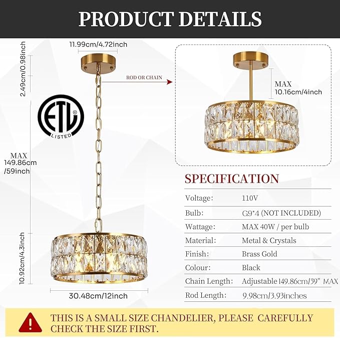 Modern 4-Light Gold Crystal Chandelier Ceiling Light, 12-Inch Small Round Semi Flush Mount Chandelier-Style Ceiling Light for Kitchen Island & Entryway