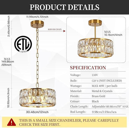 Modern 4-Light Gold Crystal Chandelier Ceiling Light, 12-Inch Small Round Semi Flush Mount Chandelier-Style Ceiling Light for Kitchen Island & Entryway