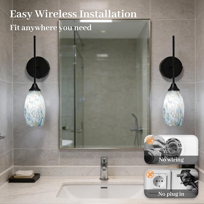 Wireless Battery Operated Wall Sconce Set Of 2，Rechargeable Wall Lights with Remote Control, Dimmable 3000K–6000K, Wireless Wall Sconces With Industrial Hand-Blown Art Glass for Bedroom Living Room