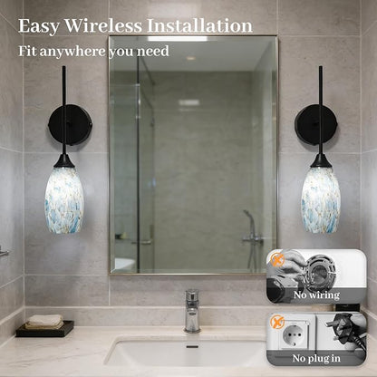 Wireless Battery Operated Wall Sconce Set Of 2，Rechargeable Wall Lights with Remote Control, Dimmable 3000K–6000K, Wireless Wall Sconces With Industrial Hand-Blown Art Glass for Bedroom Living Room