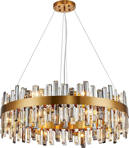 Siljoy Modern Crystal Chandelier, 16-Light Luxury Brass Gold 2-Tiers K9 Crystal Raindrop Chandelier Dimmable Crystal Pendant Ceiling Light for Dining Living Room Kitchen Island Entry Foyer D31.5''