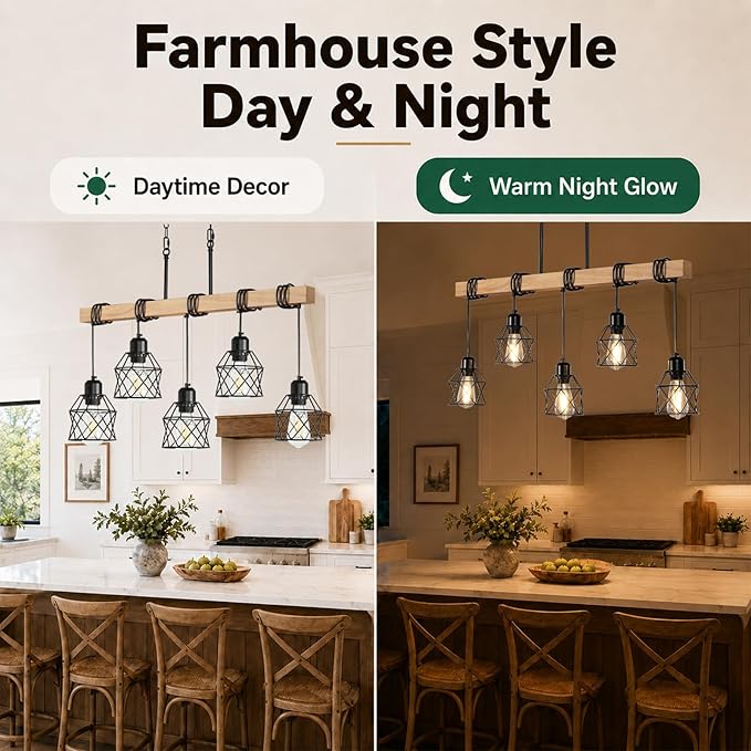 5 Light Farmhouse Kitchen Island Lighting,Dining Room Light Fixture,Adjustable Height Pendant,Real Wood and Black Metal Cage Chandelier for Kitchen,Dining Room