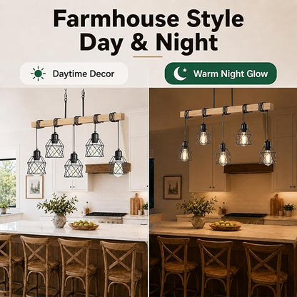5 Light Farmhouse Kitchen Island Lighting,Dining Room Light Fixture,Adjustable Height Pendant,Real Wood and Black Metal Cage Chandelier for Kitchen,Dining Room