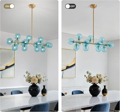 Mid Century Modern Blue Glass Gold Chandelier Rectangle Pendant Light Fixtures Linear Sputnik Chandeliers for Kitchen Island Dining Room Over Table