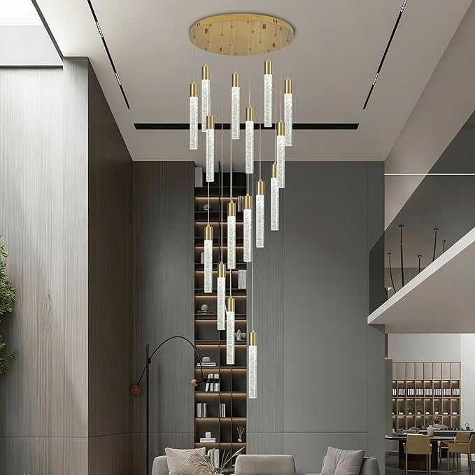 16 Lights Modern High Ceiling Crystal Chandelier, Gold Bubble Light Adjustable Height LED Chandeliers Ceiling Pendant Light Fixture for Living Room, Entryway, Staircase